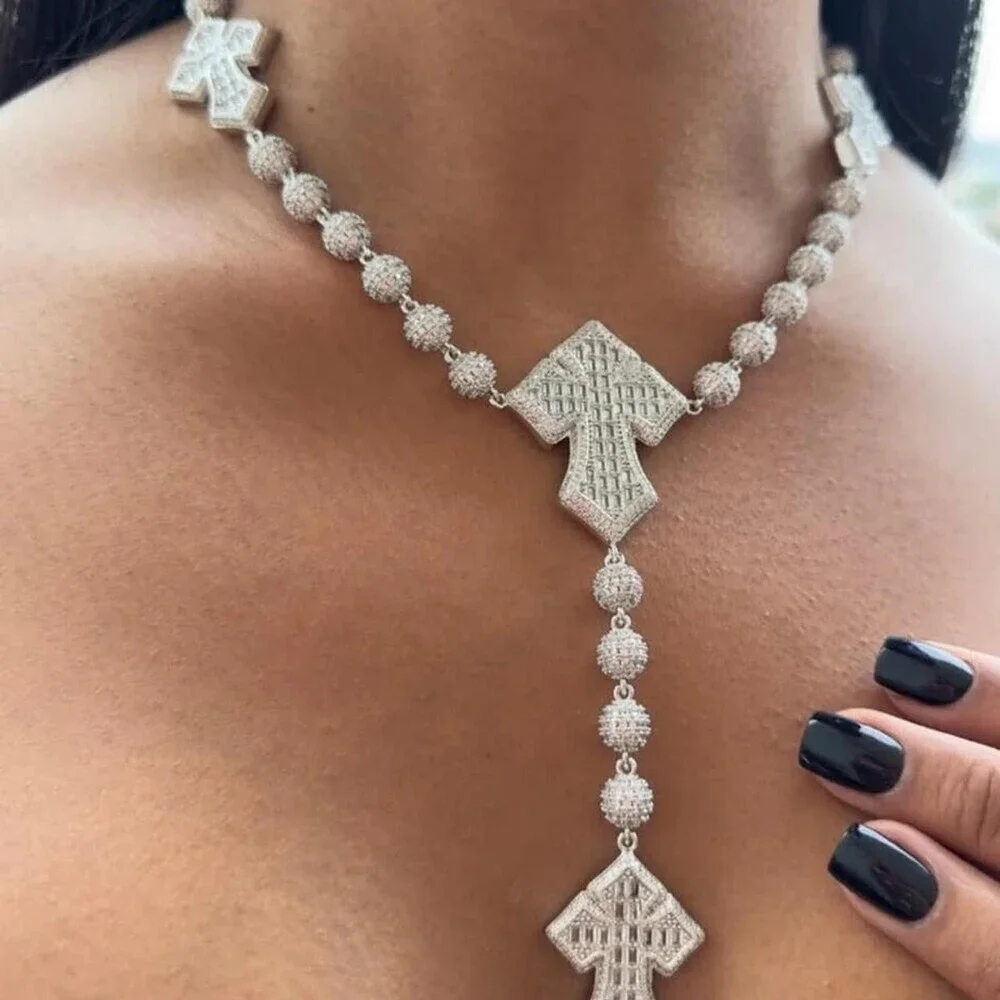 Iced Out Triple Cross Rosary 16inch